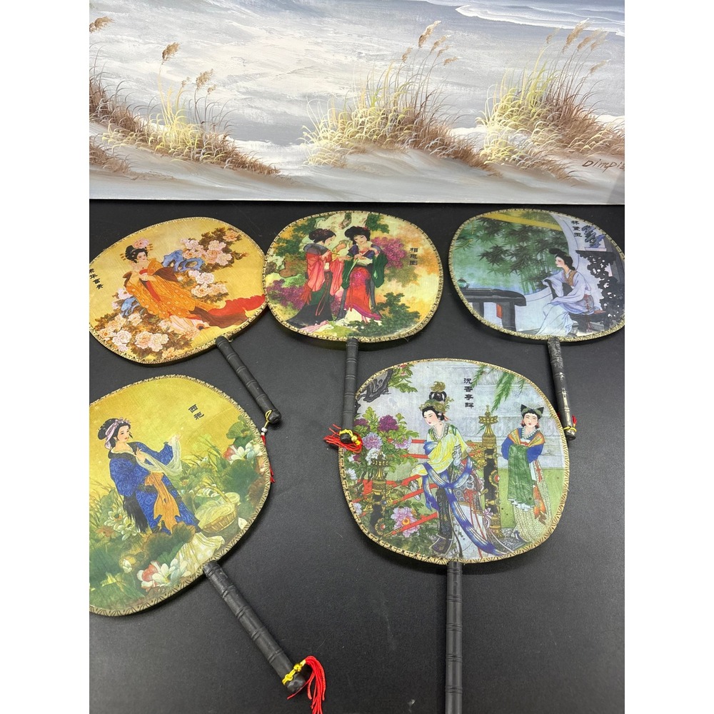 Vintage Chinese Silk Hand Fans Set of 5 Traditional Court Lady Floral Tassel 8in